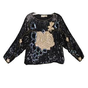 Vtg 80s Star Group Sz M 100% Silk Black Sequin Beaded Gold Rose Top Disco NYE